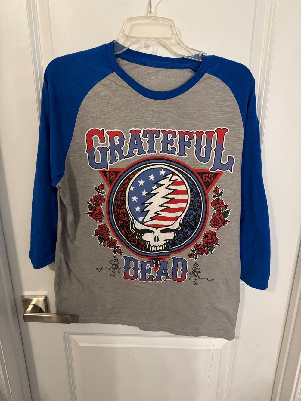 Grateful Dead Gray and Royal Blue Raglan Tee with Patriotic Skull Graphic